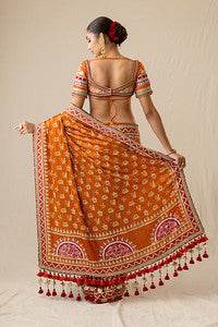 Rediant orange and red printed bandhej sari set