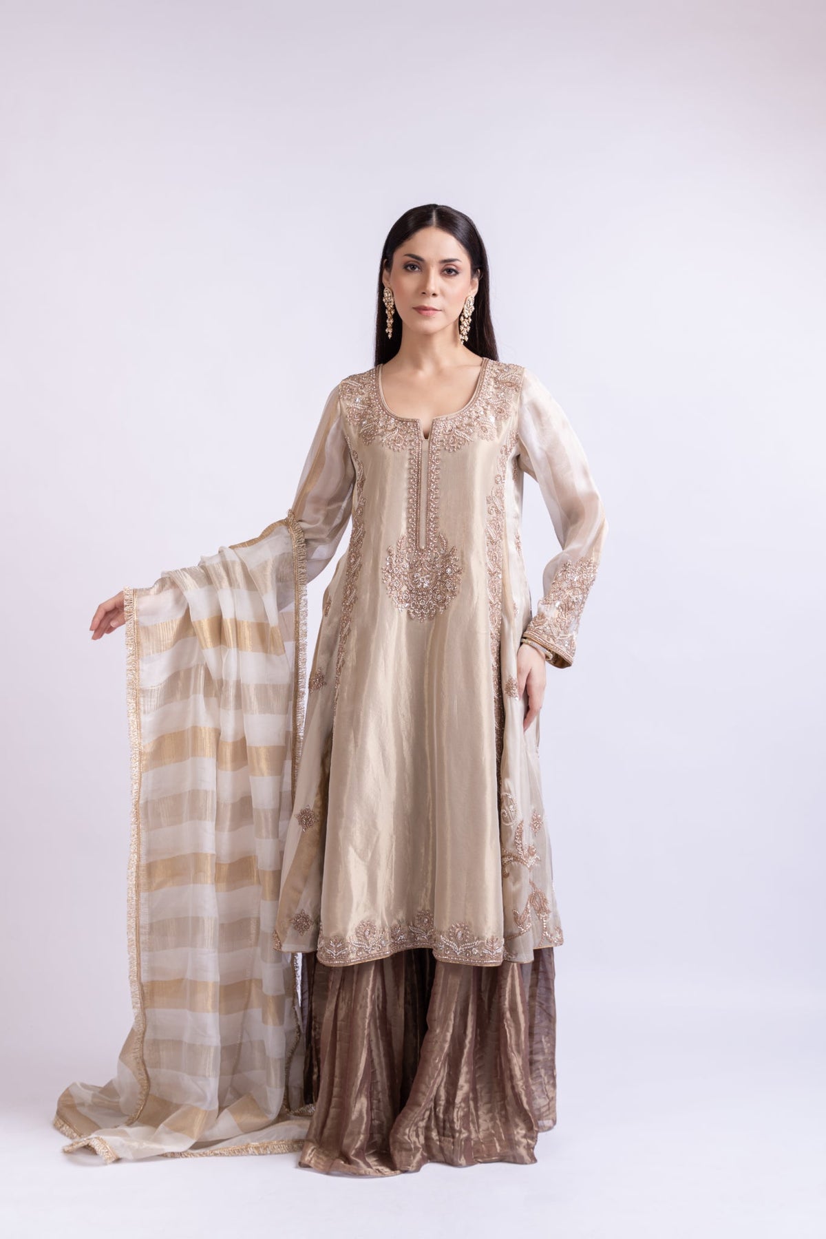 Golden Brown Embroidered Tissue Silk Sharara Set