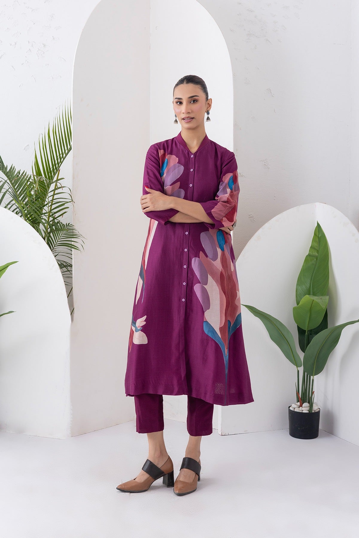 Wine Silk Chanderi Printed Dress Set (3 PCS)