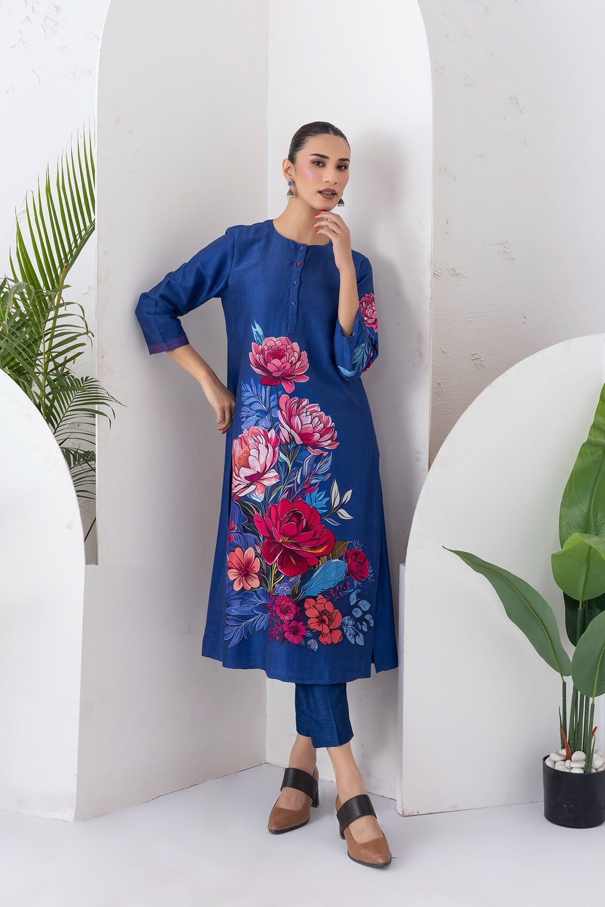 Cobalt Blue Silk Chanderi Printed Dress Set (2 PCS)