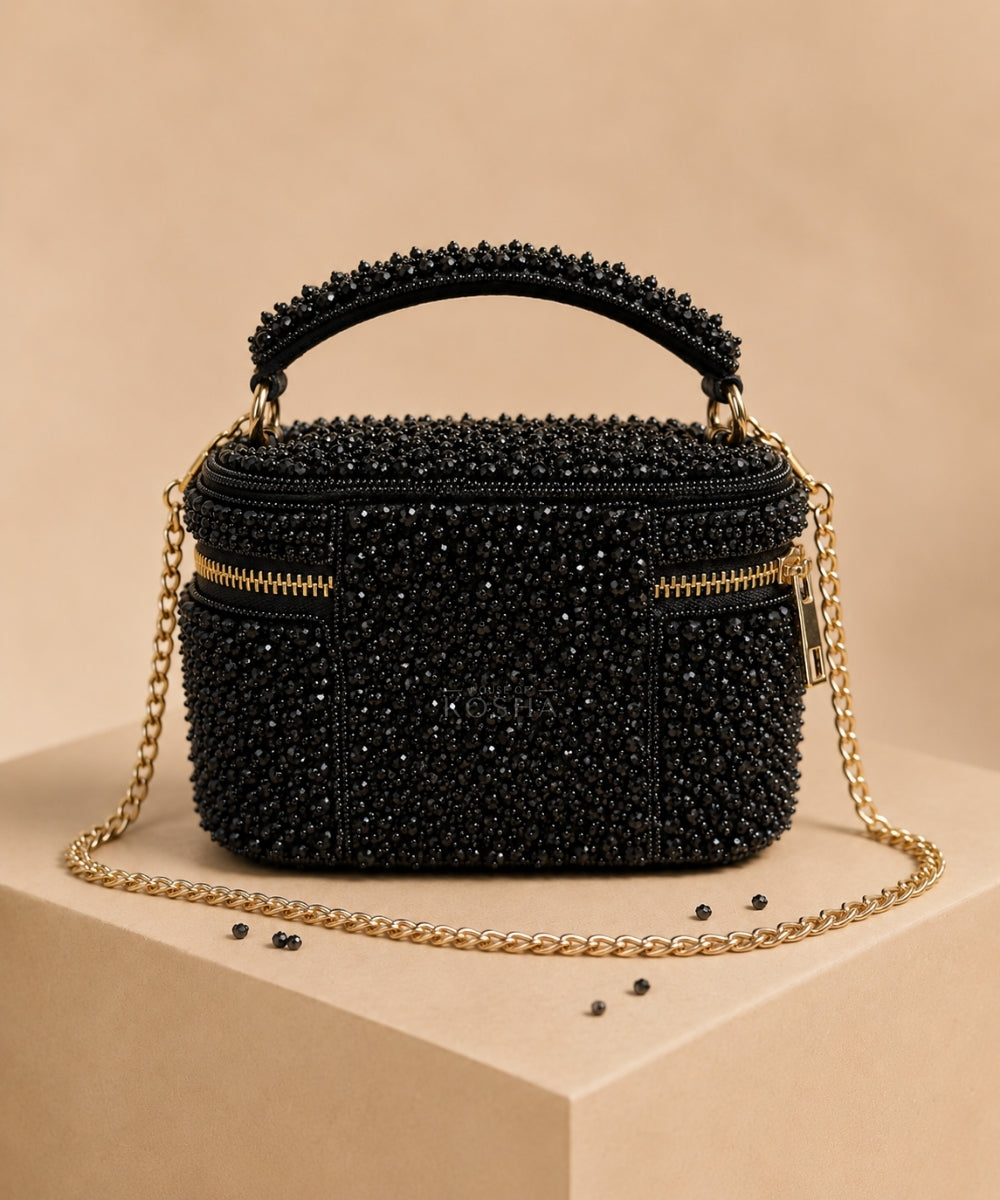 Ziya Black Suede Embroidered Vanity Bag