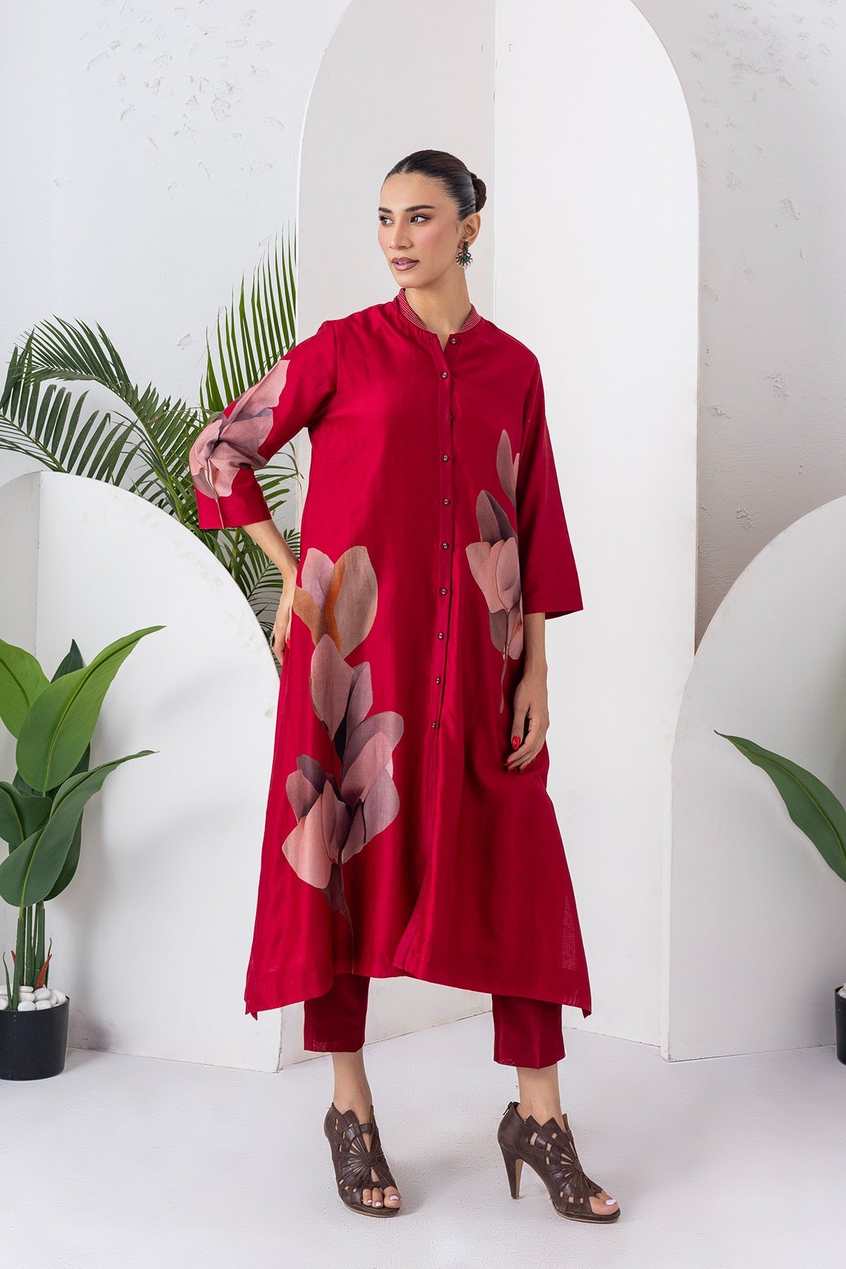 Maroon Silk Chanderi Leaf Printed Dress Set (3 PCS)