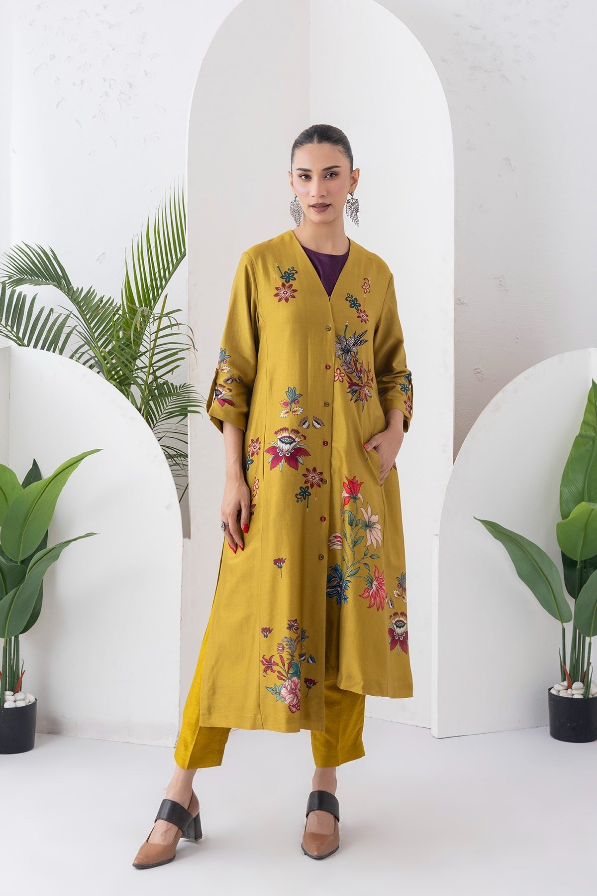 Mustard Silk Chanderi Printed High-Low Dress Set (3 PCS)