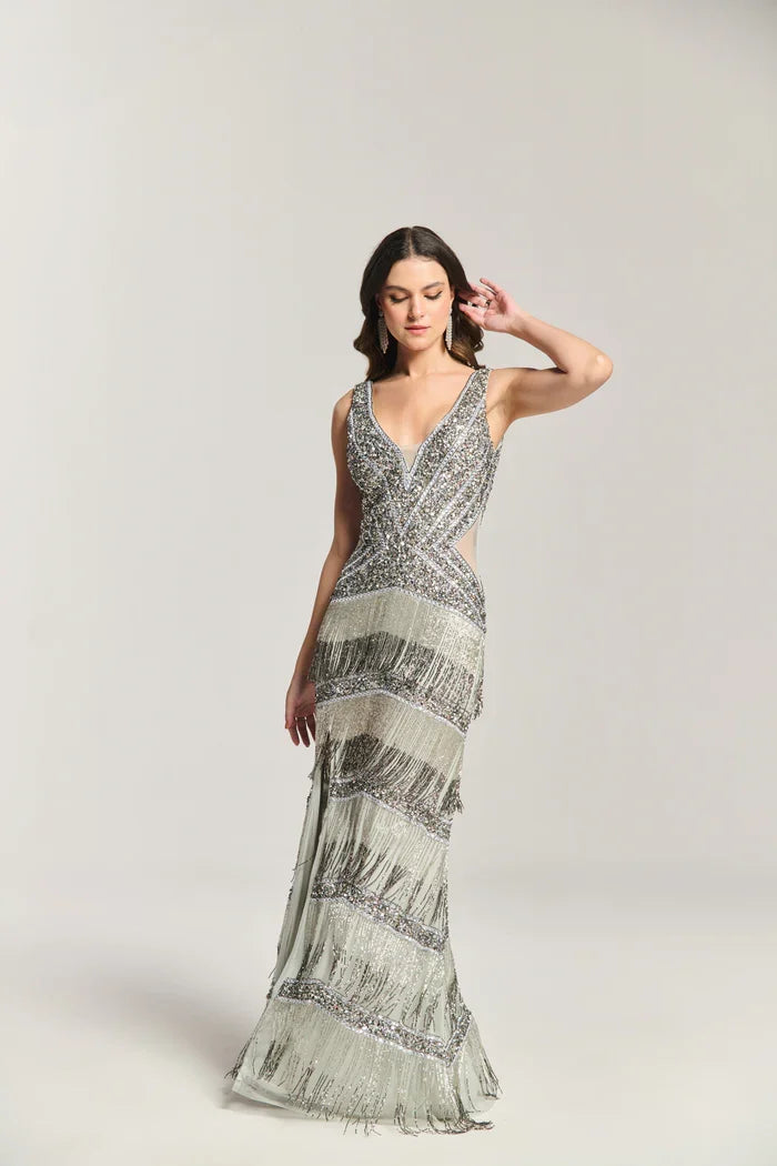 Silver Beaded V-Neck Maxi Dress - Glamorous Slit Evening Gown