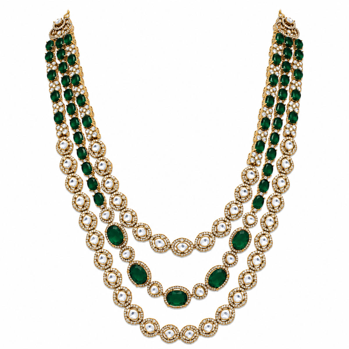 Emerald Green Moissanite Three-Layered Necklace Set