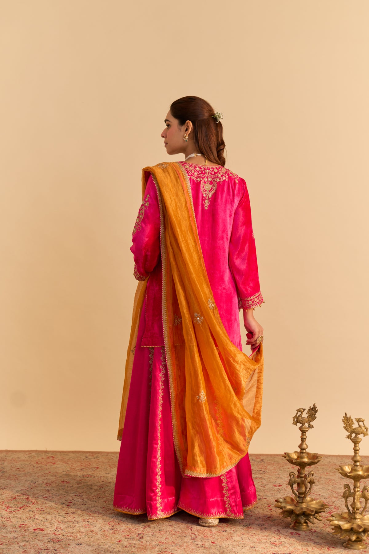 Aroob Hot Pink Velvet Kurta Sharara Set with Tissue Silk Dupatta
