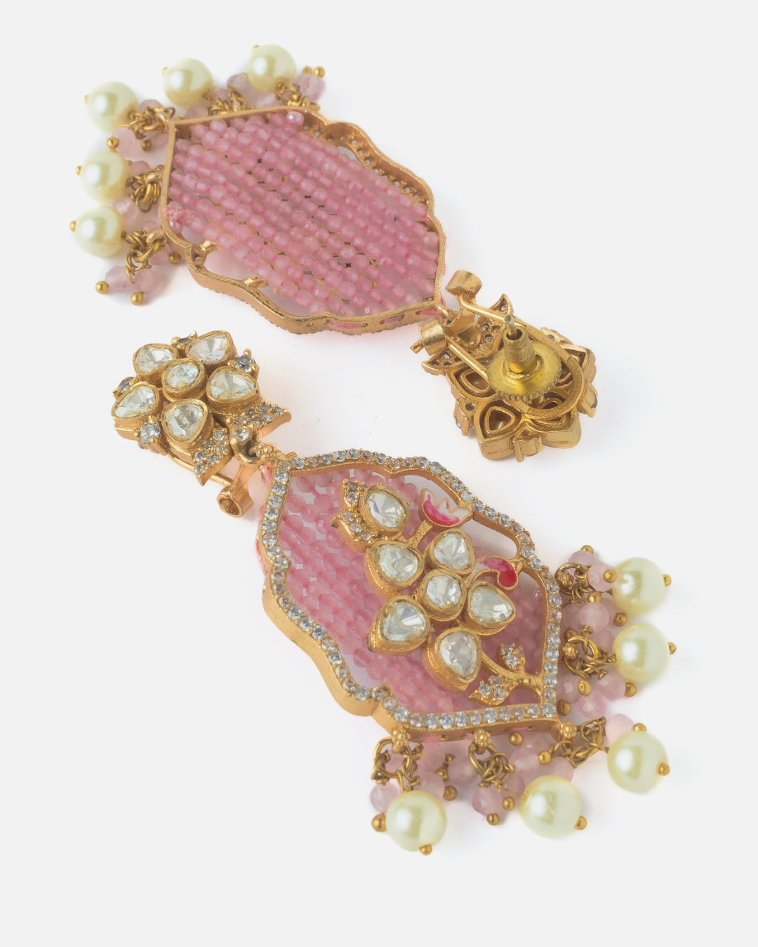 Moissanite Polki Pink Peacock Beaded Statement Necklace Set