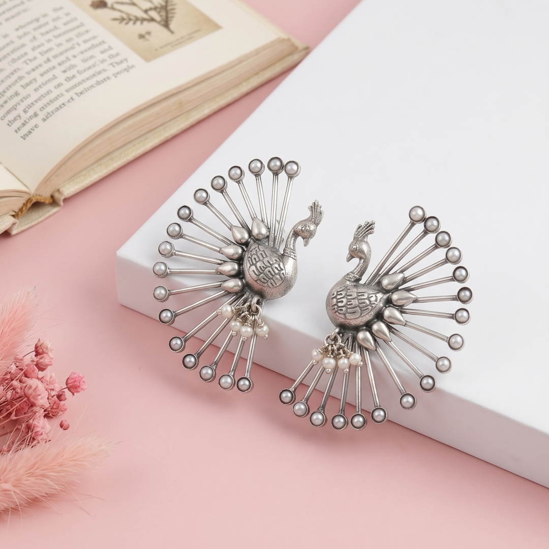 Sangeeta Boochra Pearl Accent Silver Peacock Earrings