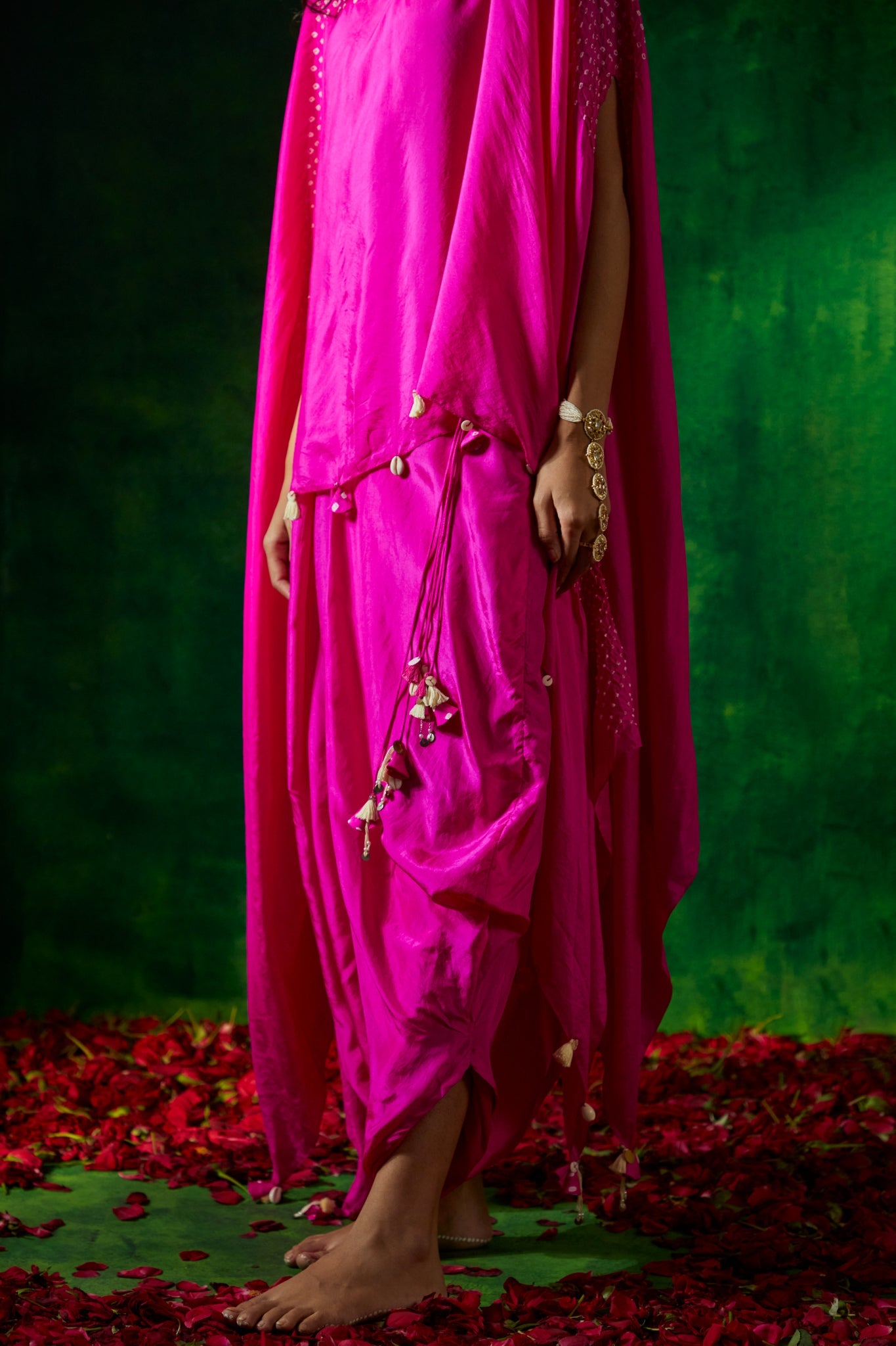 Bandhni asymmetrical cape with drape skirt