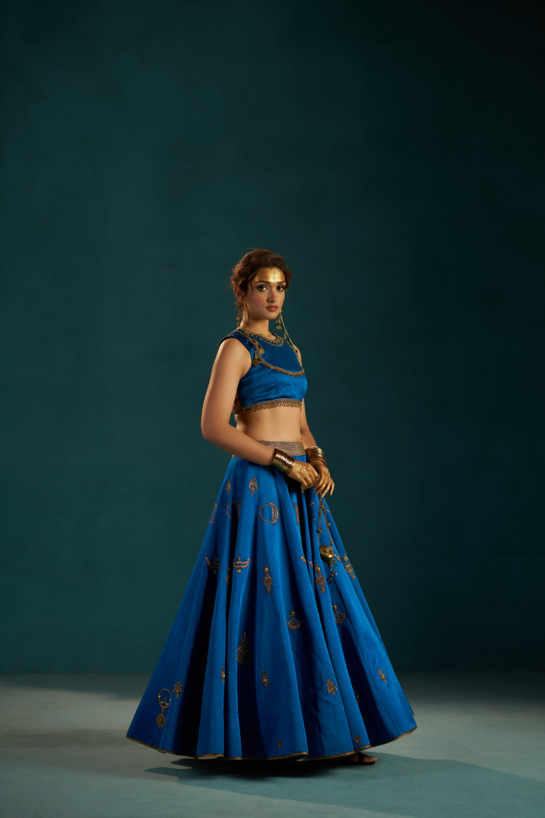 Rama Blue Linen Satin Lehenga set with Hand-Embellished embroidery