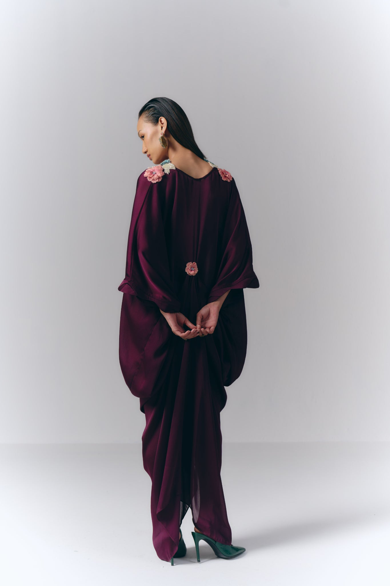 Pink Embroidered Draped Kaftan