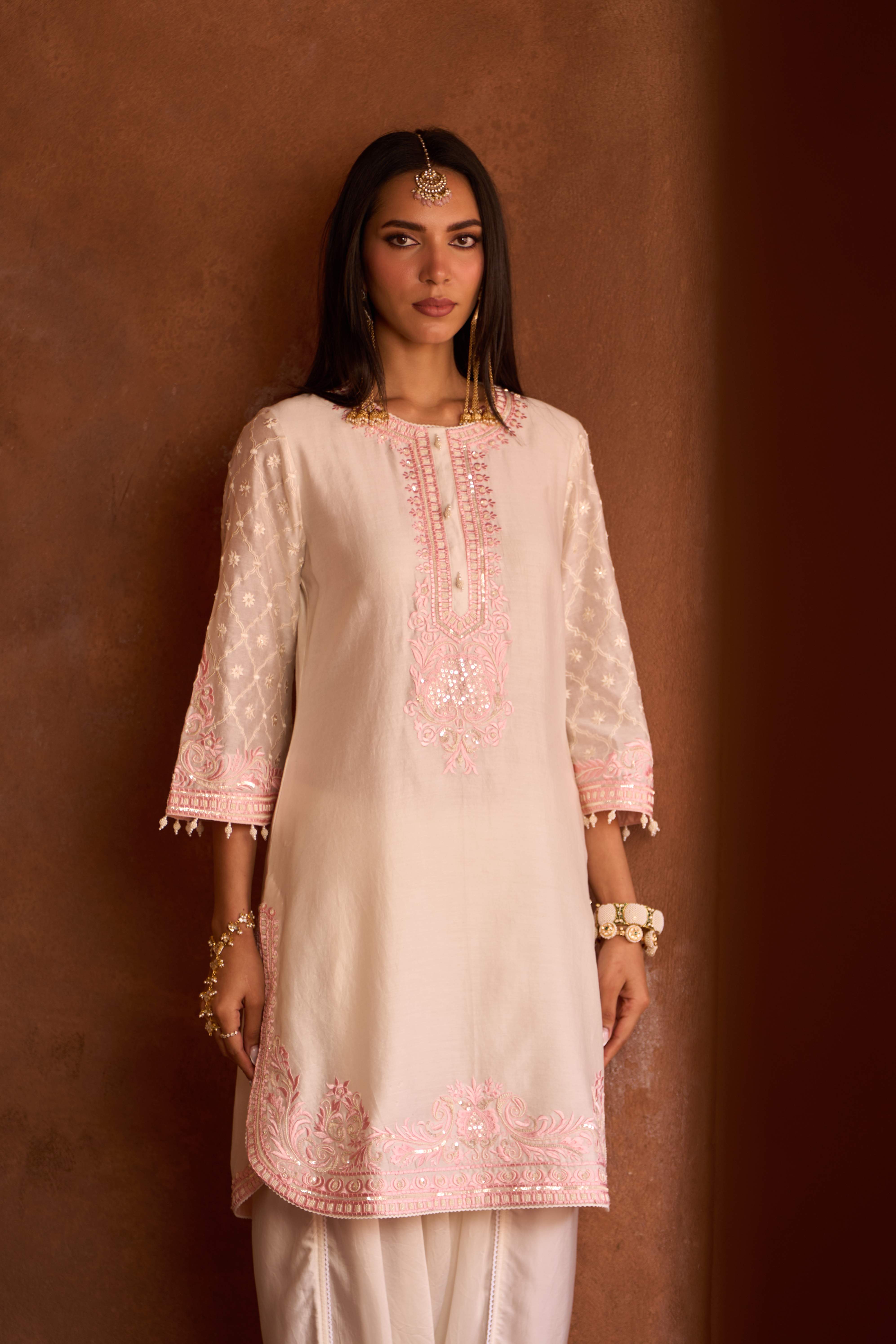 RUHI - DAISY IVORY WITH PINK SHORT KURTA AND DHOTI