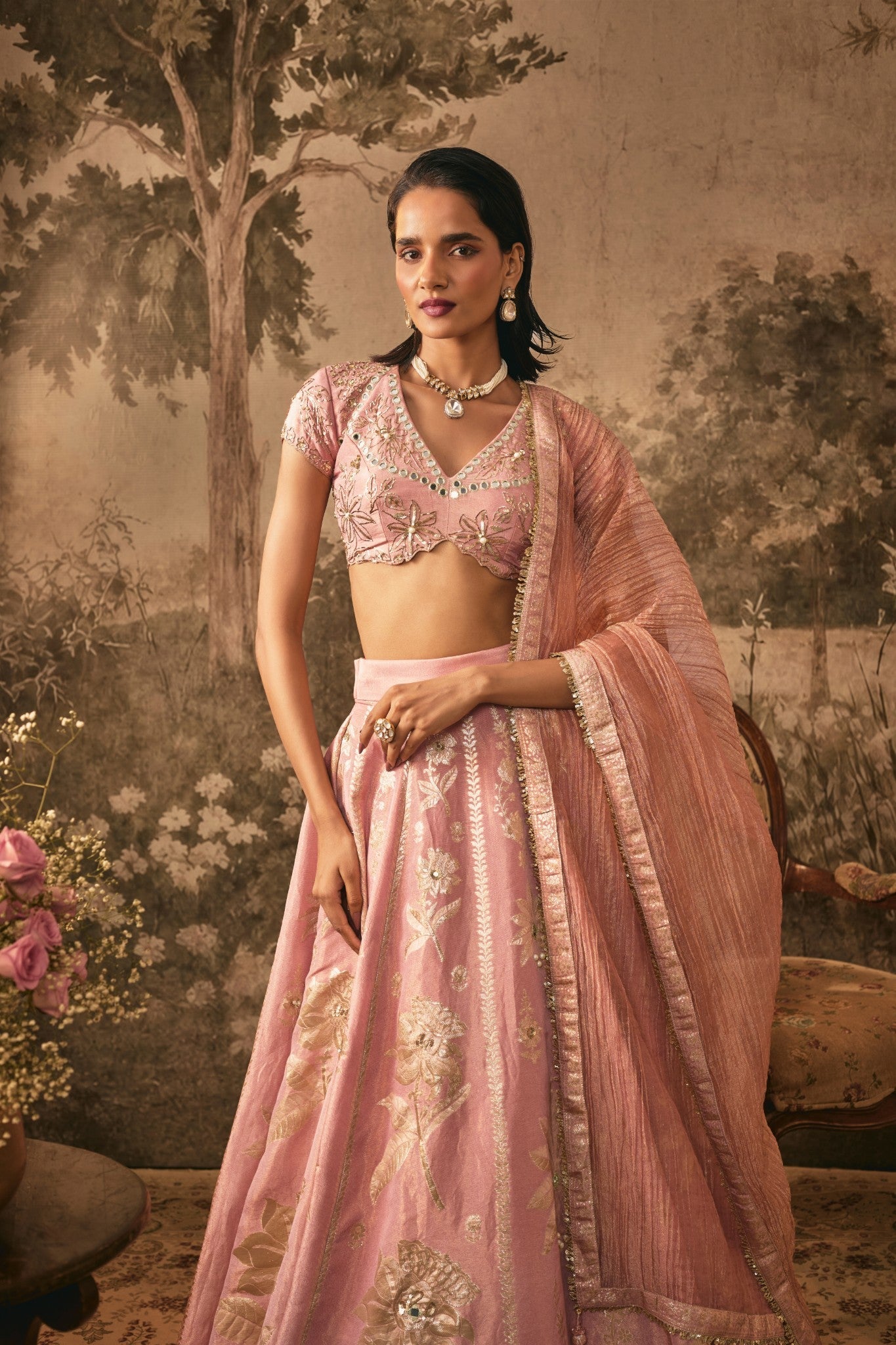 Blush Pink Banarasi Embroidered Lehenga Set