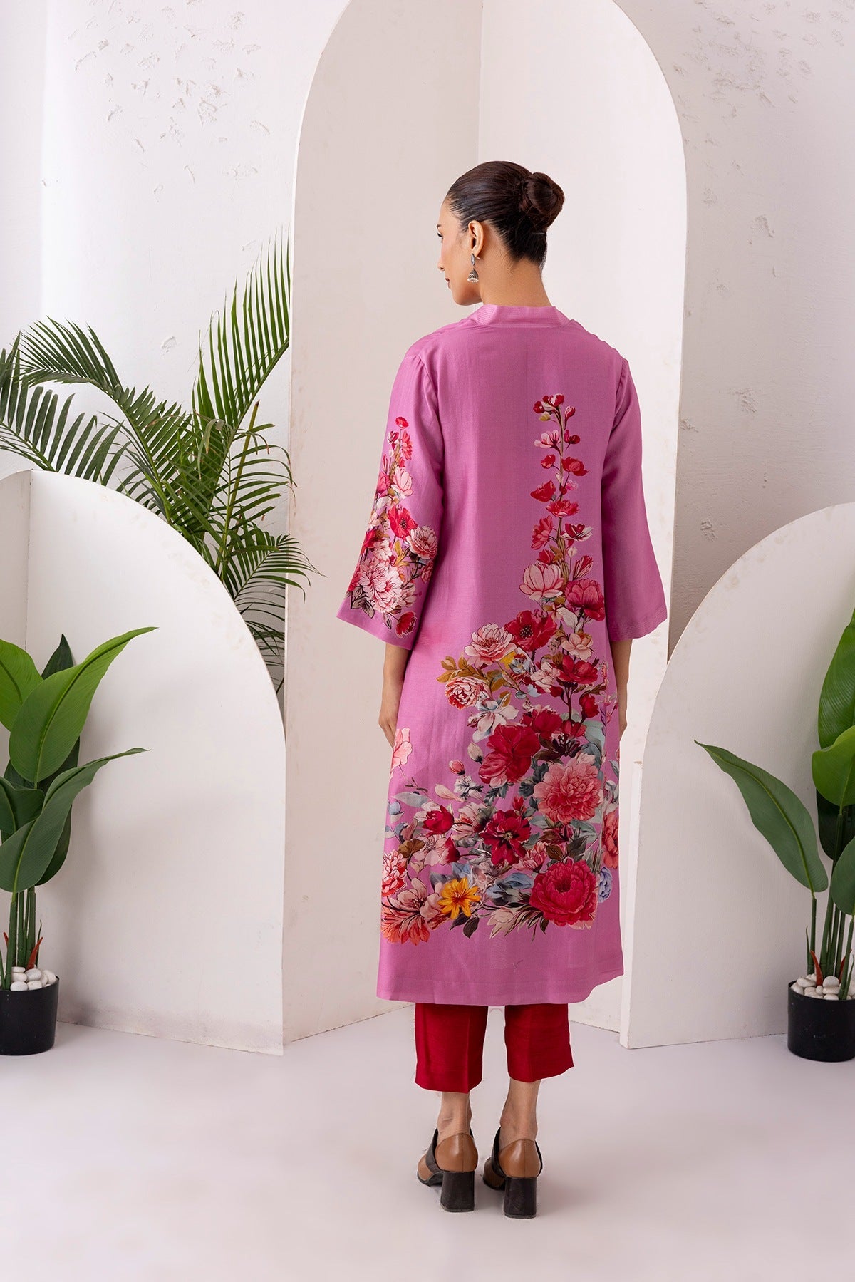 Salmon Pink Silk Chanderi Printed Tunic Set (2 PCS)