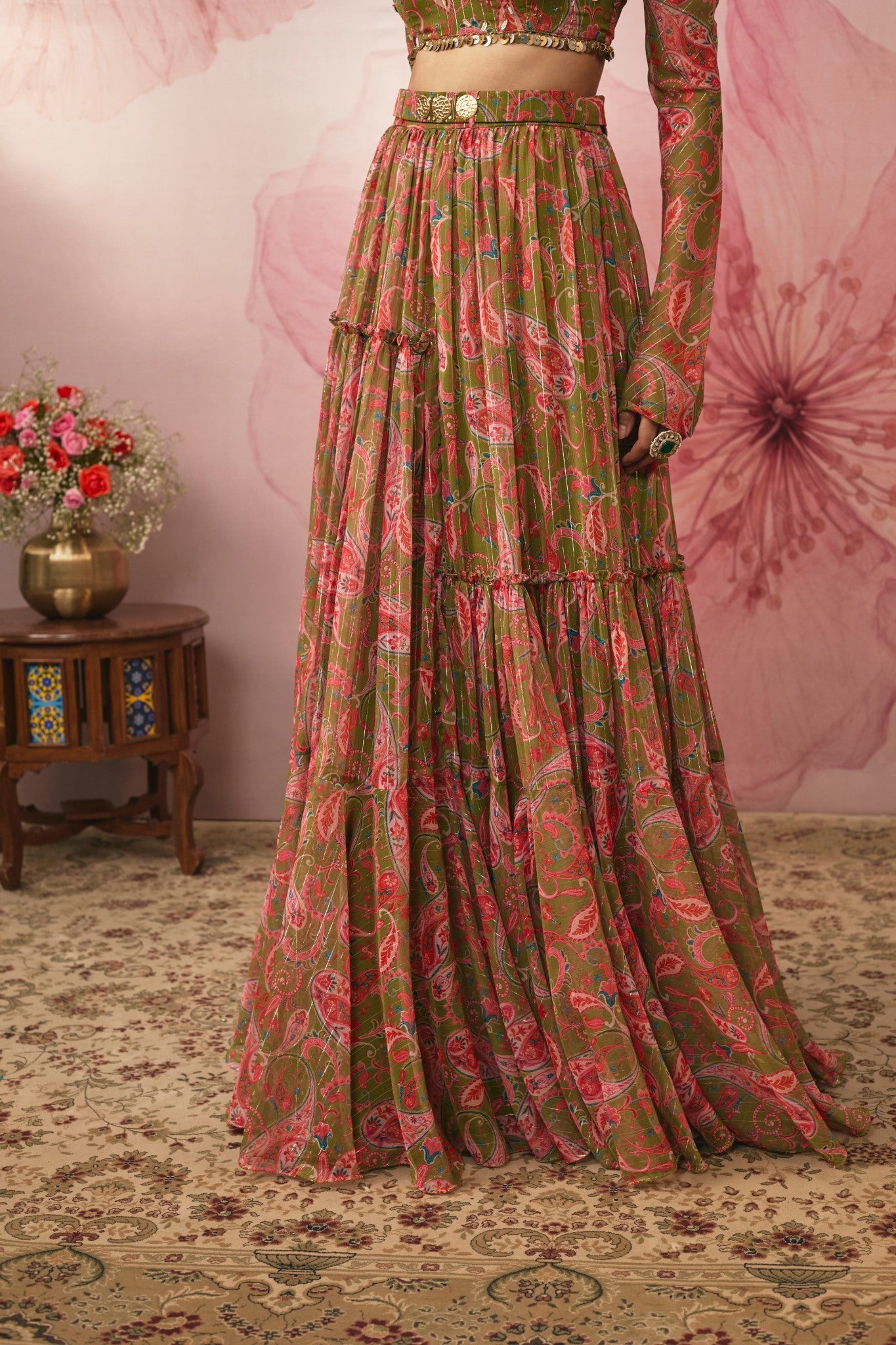 GREEN PAISLEY PRINTED LEHENGA SET