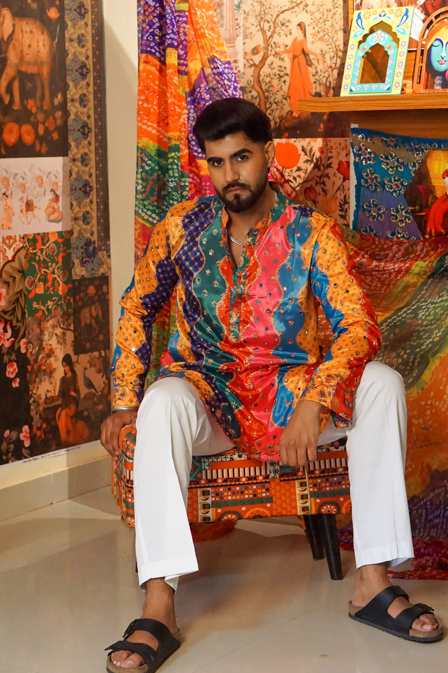 Rangveer Multicolour Bandhani Kurta with Zari & Mirror Work