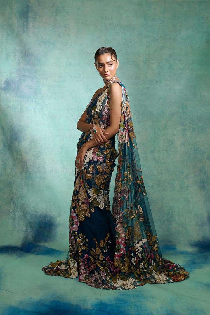 ETHEREAL BLOOM NAVY BLUE TRAIL SAREE
