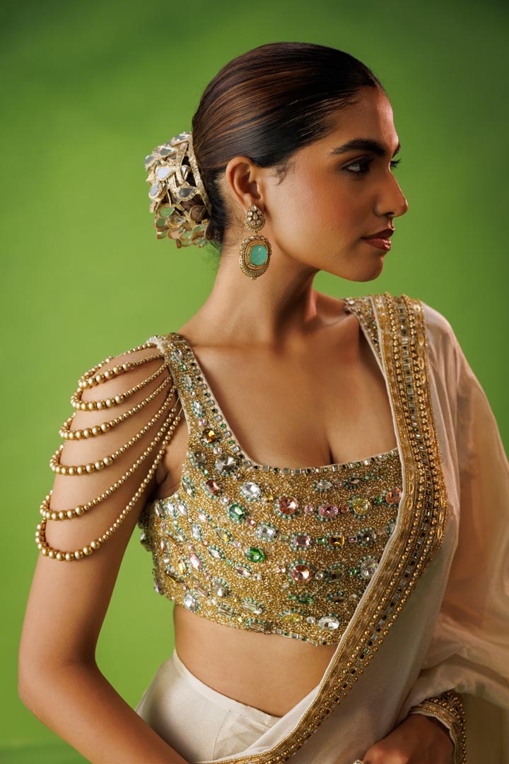 Beige tissue stone embellished saree set