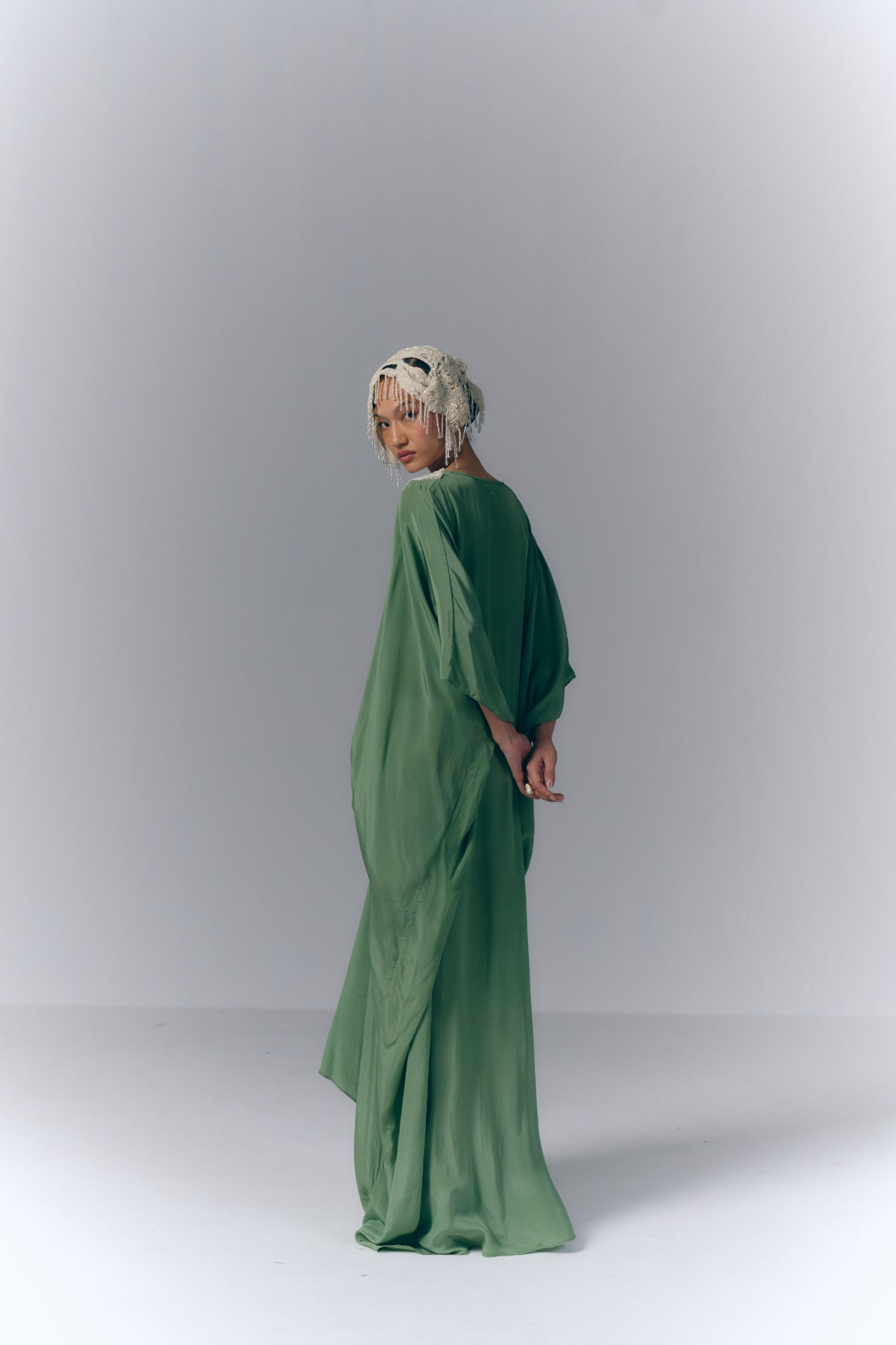 Sage Green Embroidered Draped Kaftan