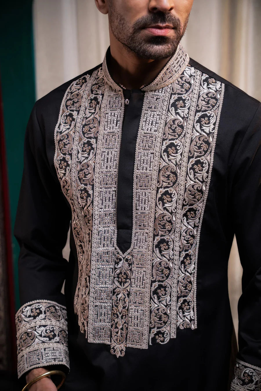 Black Embroidered Kurta in Satin Silk