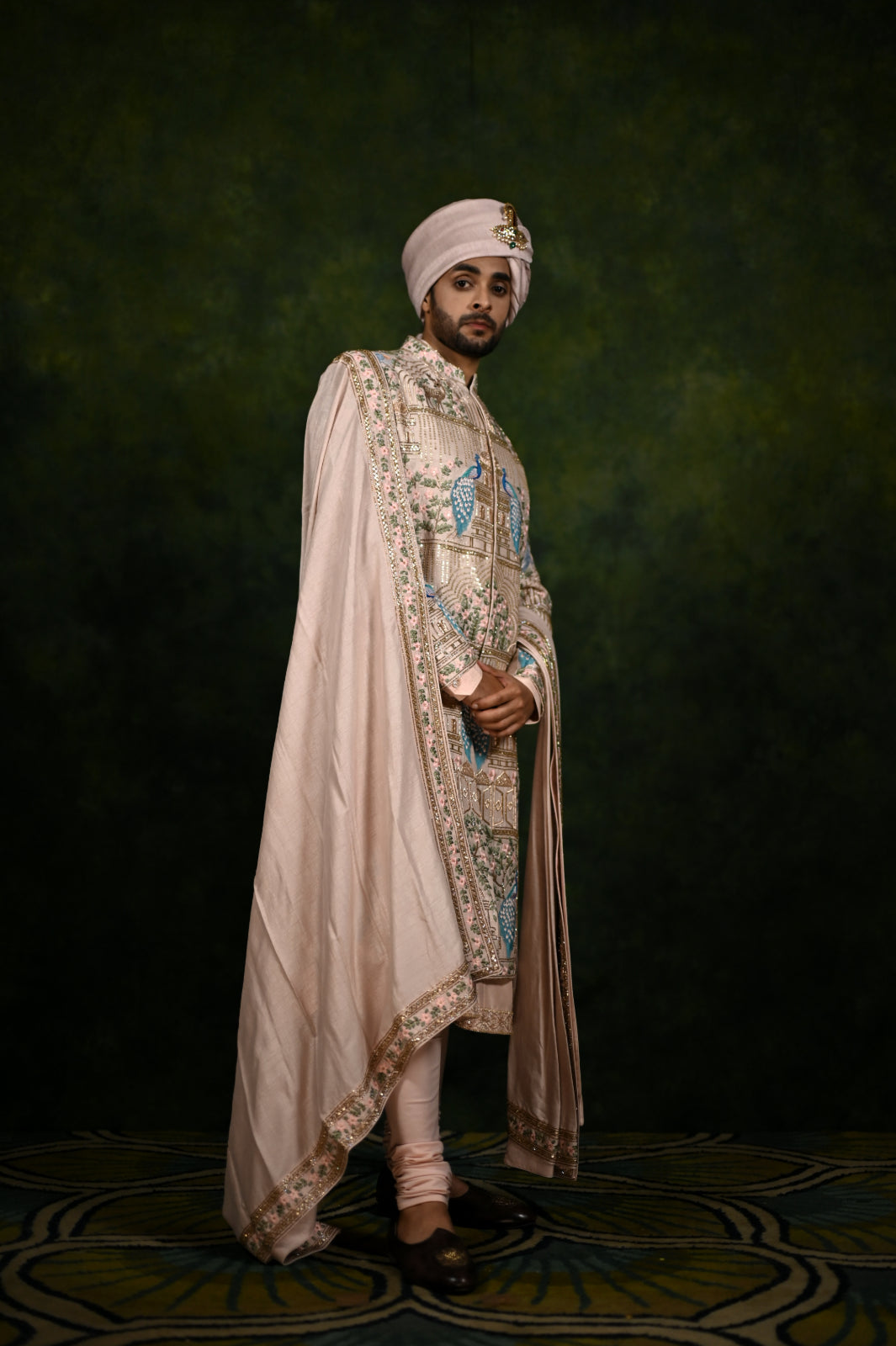 rosegold peacock sherwani set
