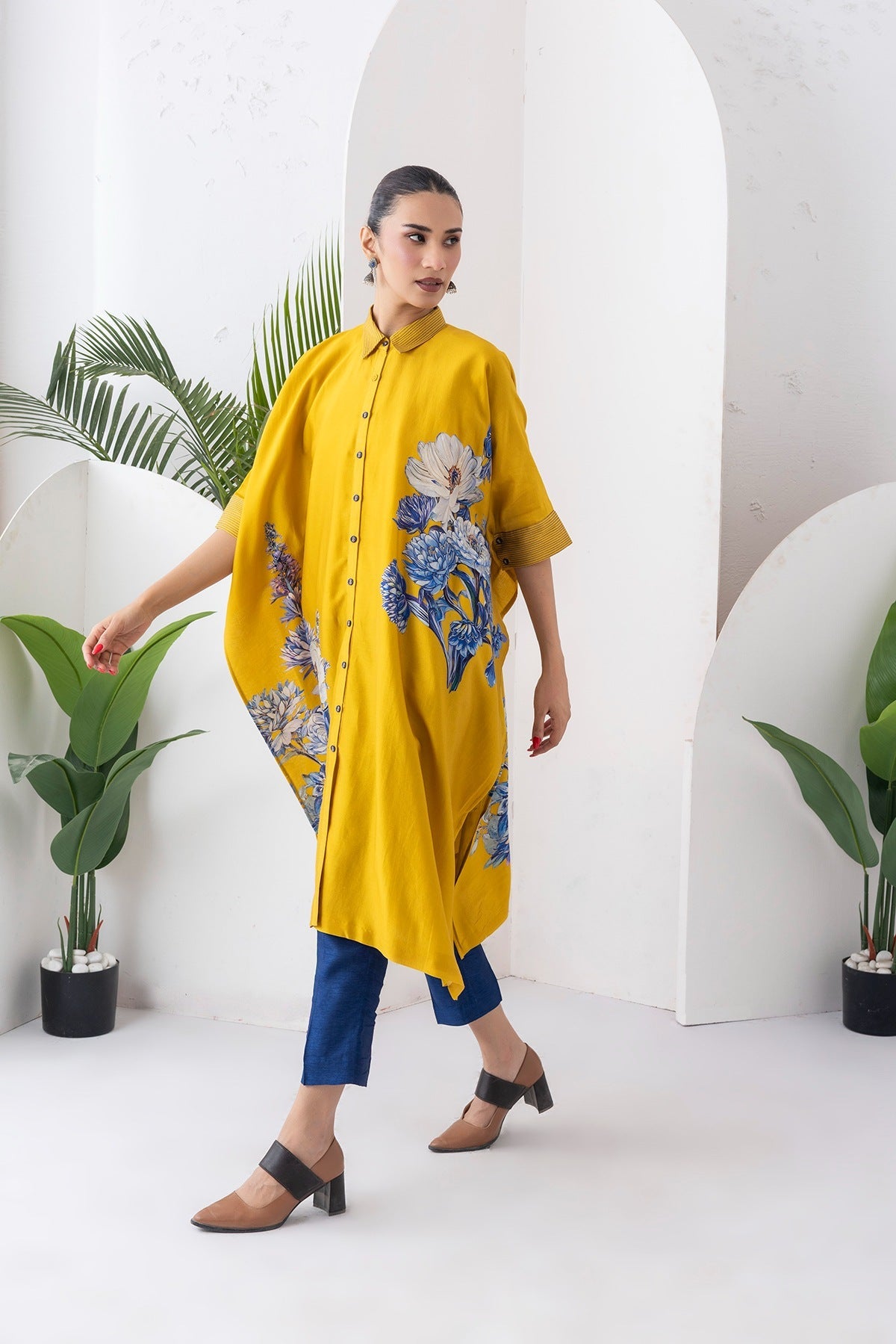 Yellow Silk Chanderi Front Open Kaftan Style Printed Dress Set (3 PCS)