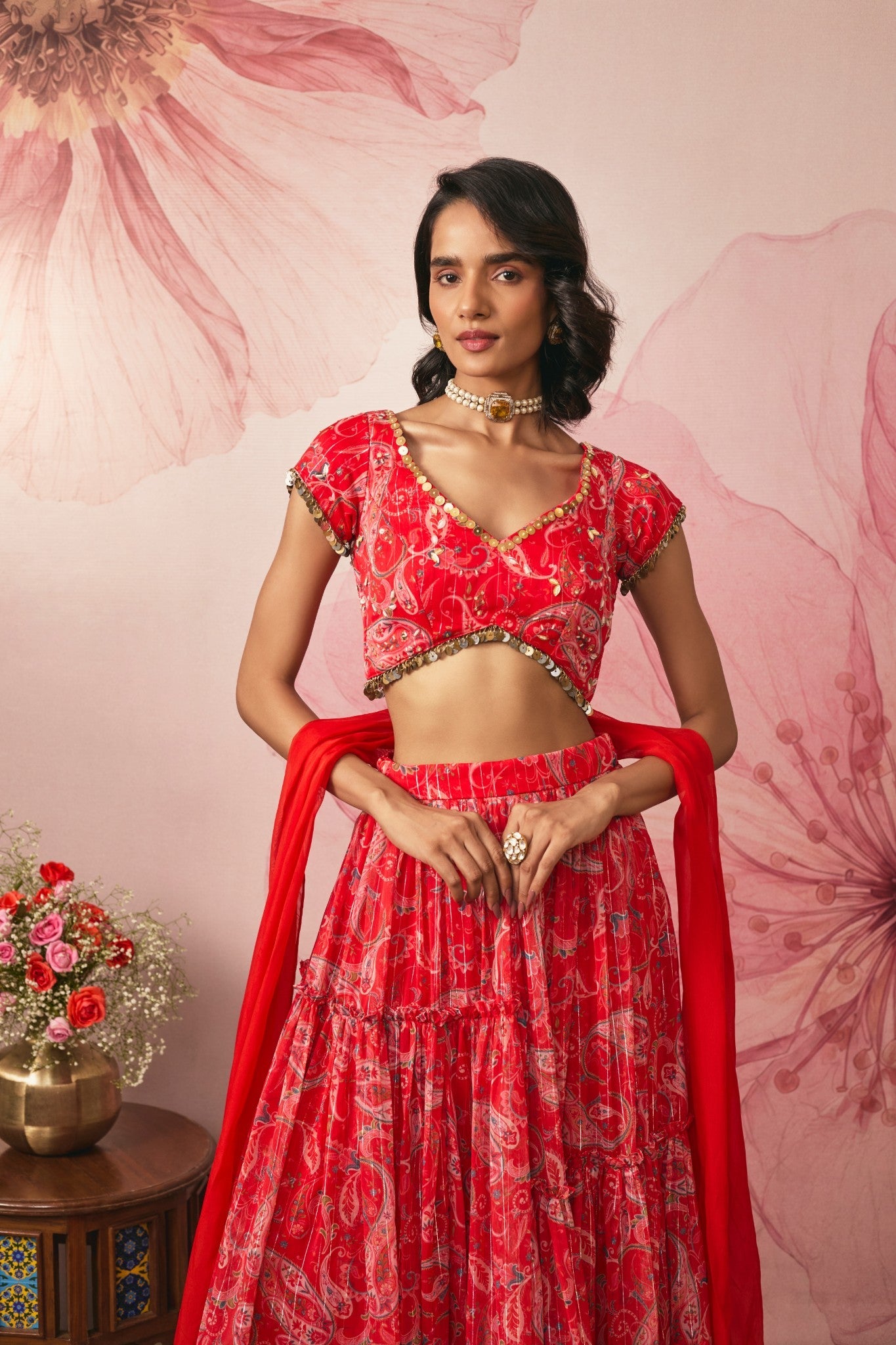 RED PAISLEY PRINTED LEHENGA SET