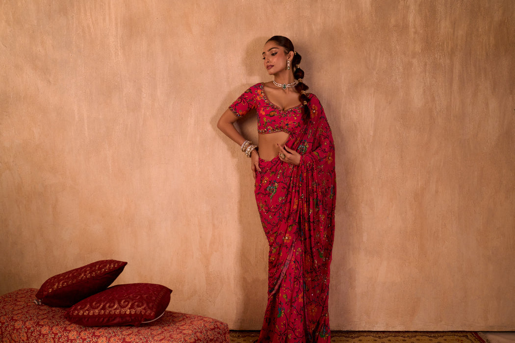 PINK PRINT CHOLI WITH EMBROIDERED SARI SET - image 4