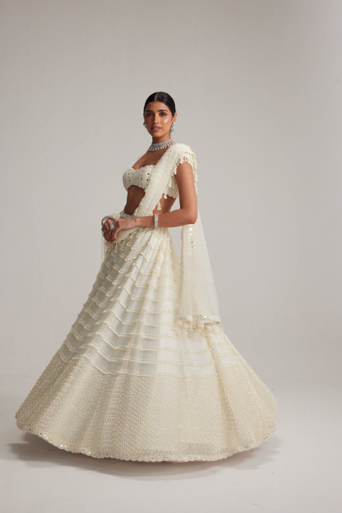 Off White Mirror and Pearl Drop Bridal lehenga set