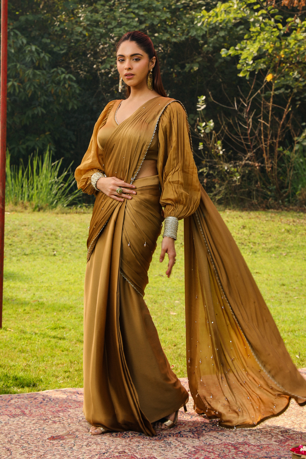Honey Gold Ayesha Pre-Stitched Drape Saree with Princess Sleeves