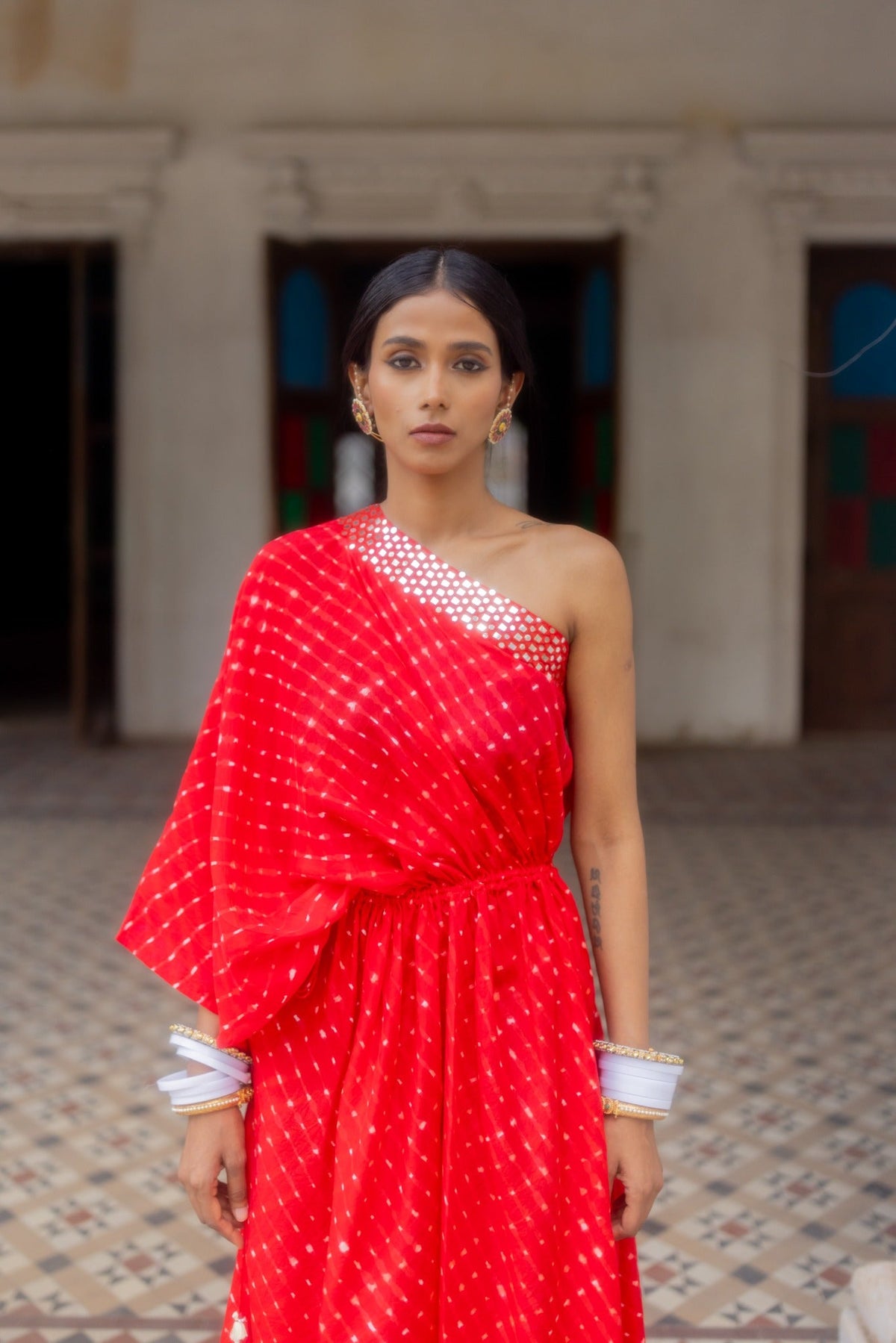 One shoulder leheriya dress