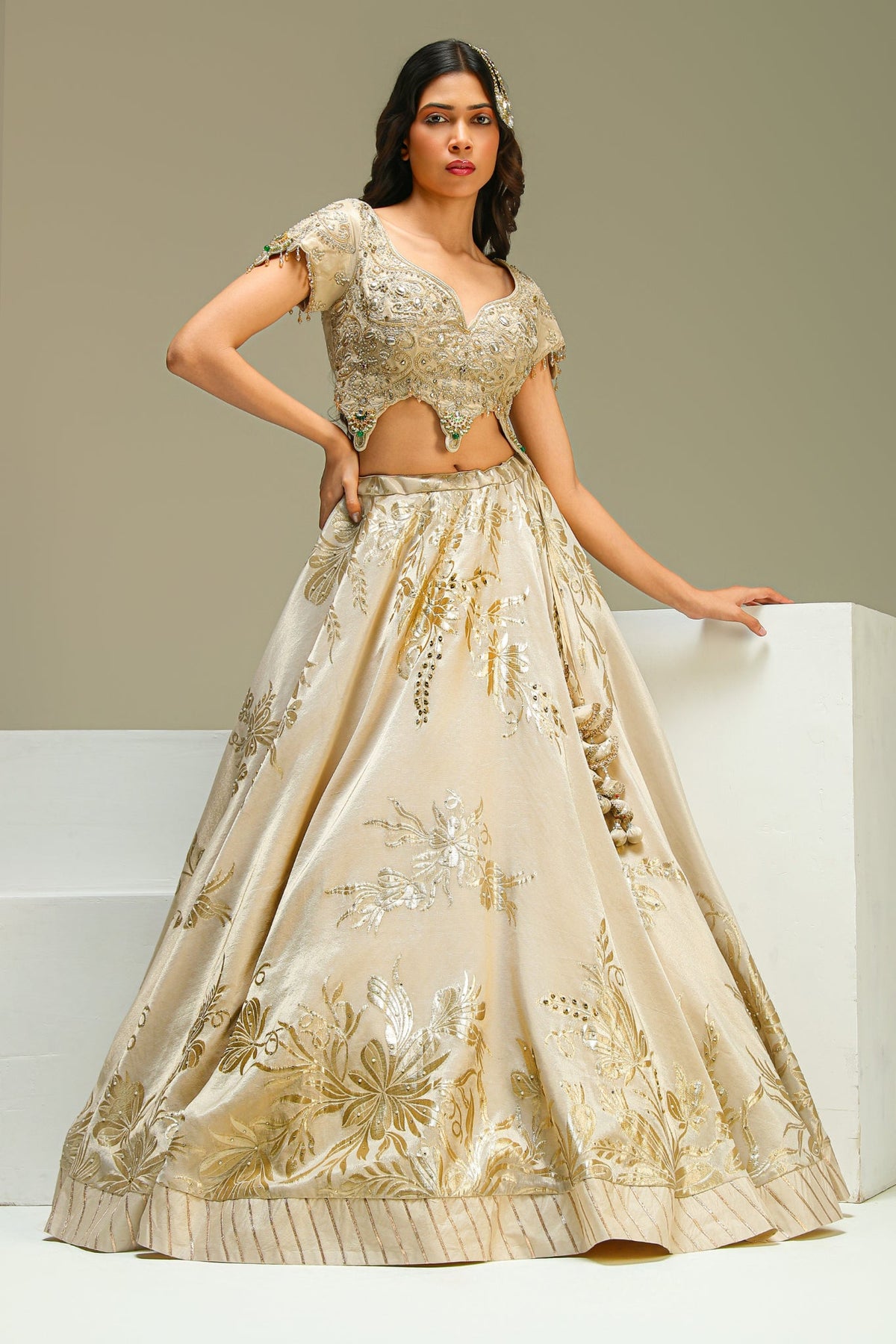 Ivory Banarasi Tissue Lehenga Set with Dupatta