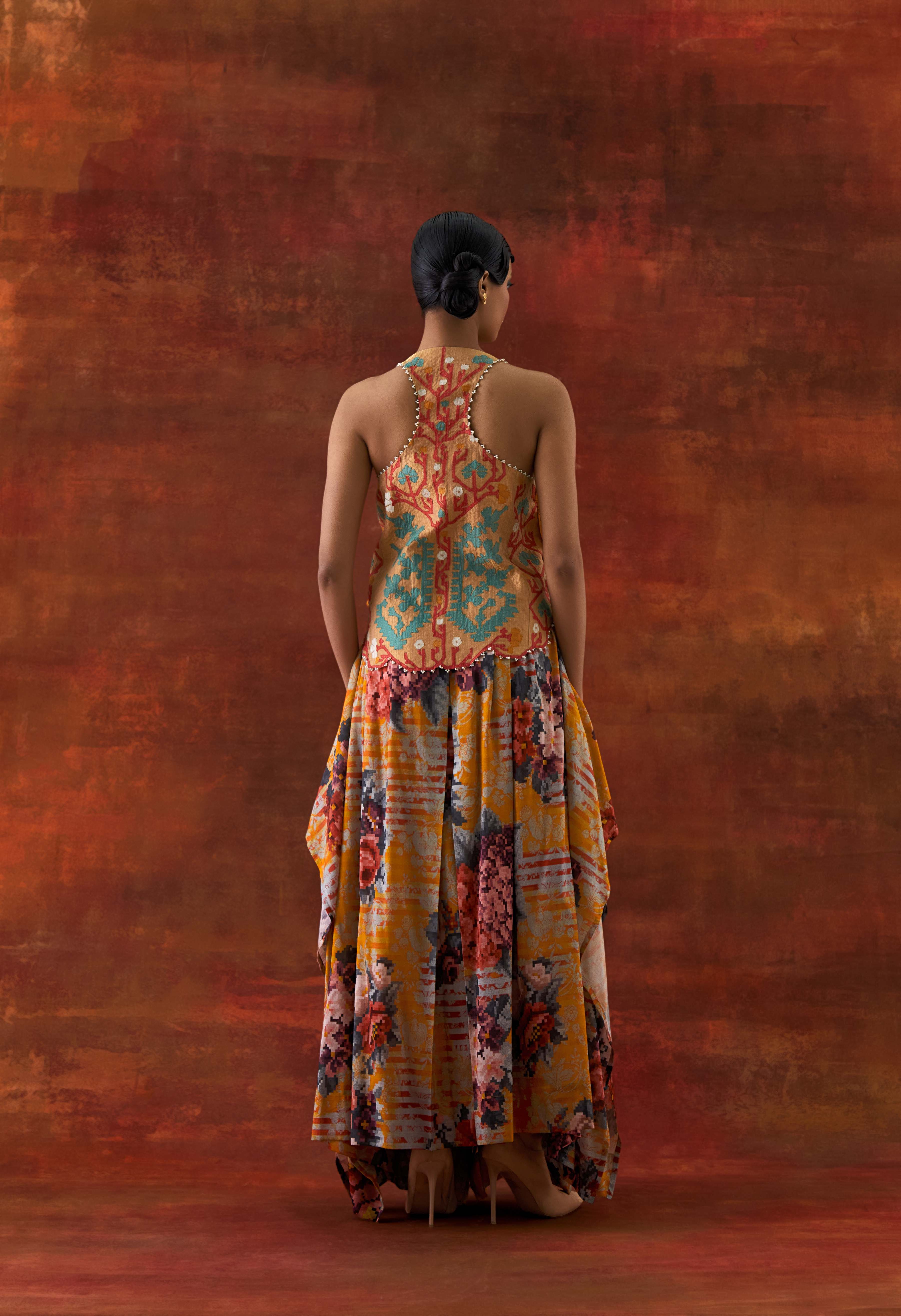 3D FLOWER RACER BACK JACKET + CASCADE SHIRT WITH PRINTED DRAPED SKIRT - image 4