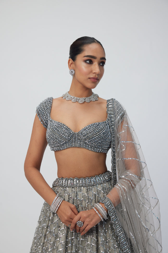 Crystal Grey Sequins Embroidered Lehenga Set