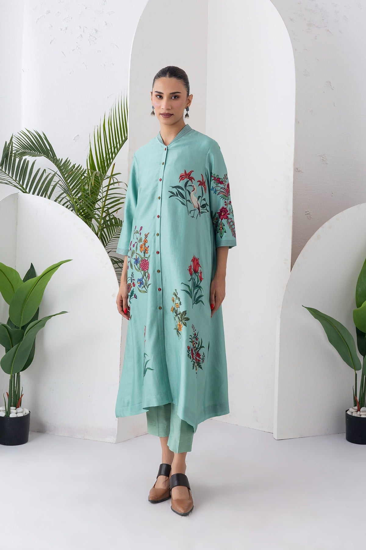 Mint Silk Chanderi Floral Printed Front Open Dress Set (3 PCS)