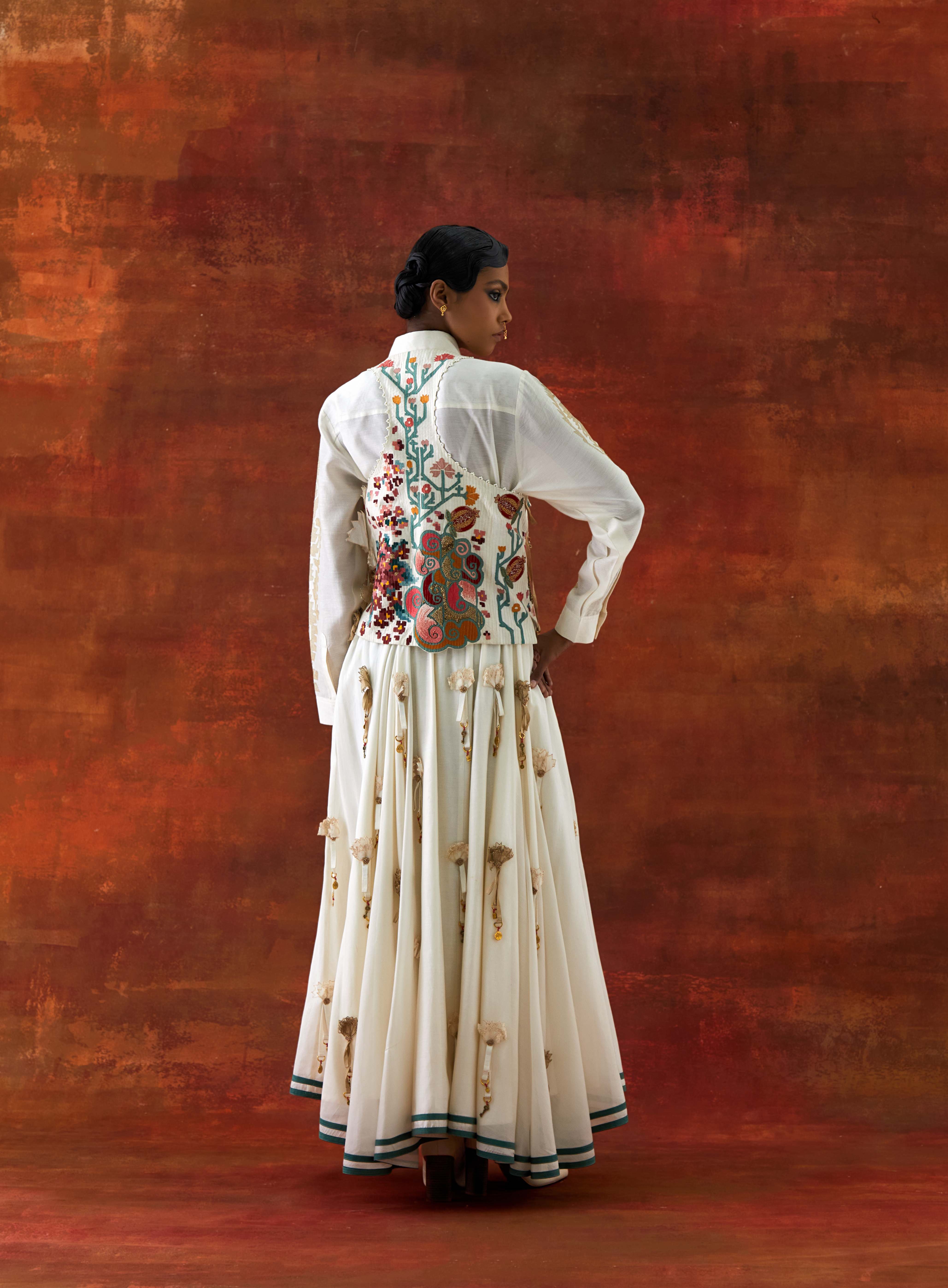 EMB ENGINEERED COWL RACER BACK JACKET + SHIRT WITH EMB BOOTA SLEEVES AND 3D FLOWER SKIRT - image 4