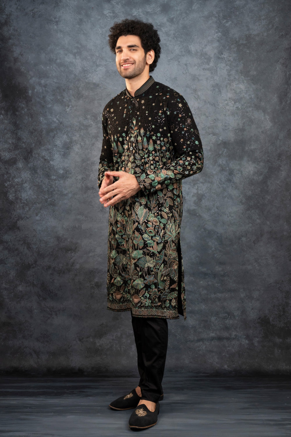 Black silk kurta set with multicolour resham embroidery and sequins work