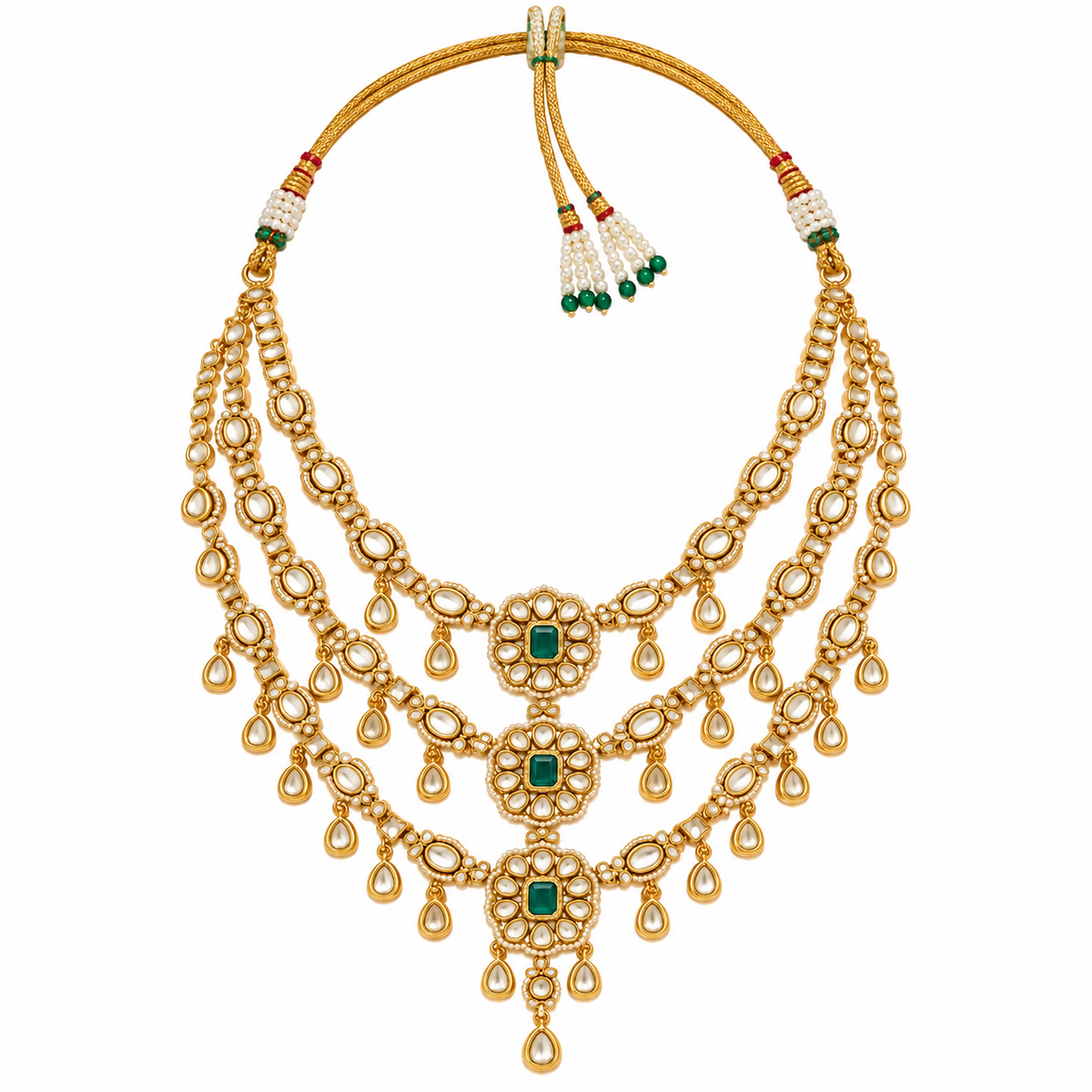 Emerald Kundan Three Layered Necklace Set