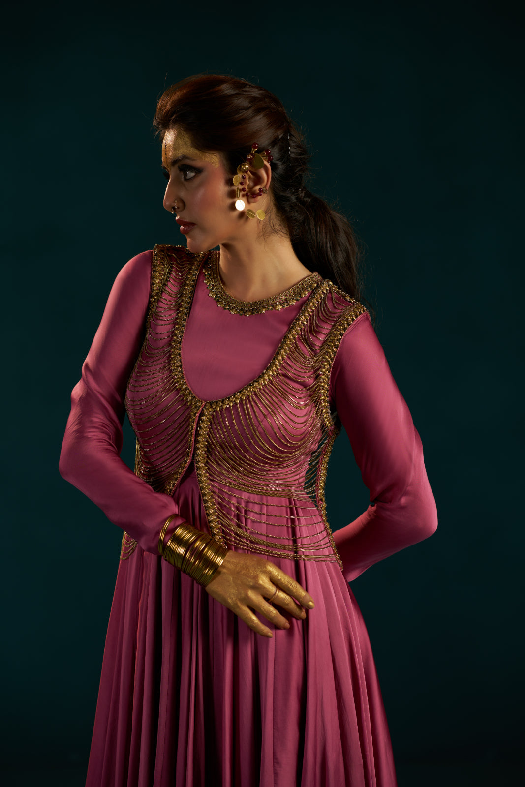 Onion Pink Organza Satin Anarkali with Metal Chain Jacket.