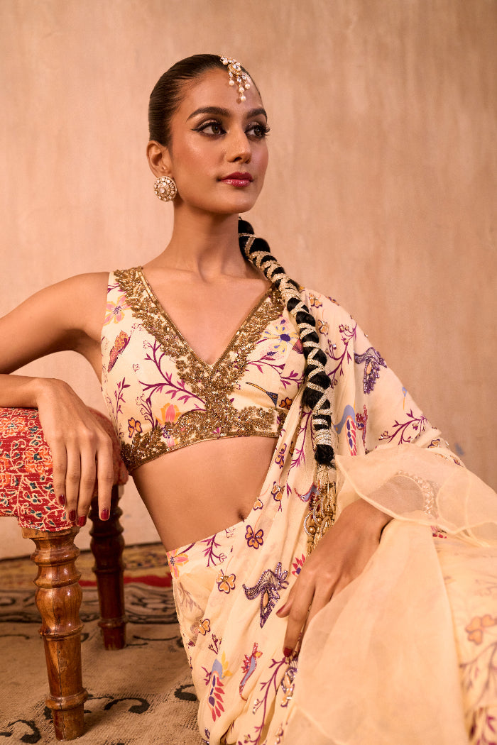 IVORY PRINT EMBROIDERED CHOLI WITH PRE DRAPED RUFFLE SARI SET - image 4