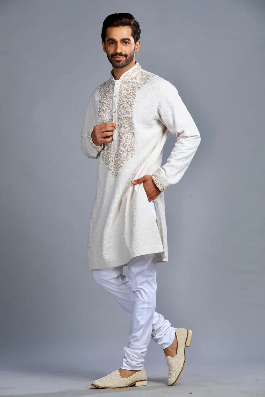 Ivory Cotton Embroidered Kurta