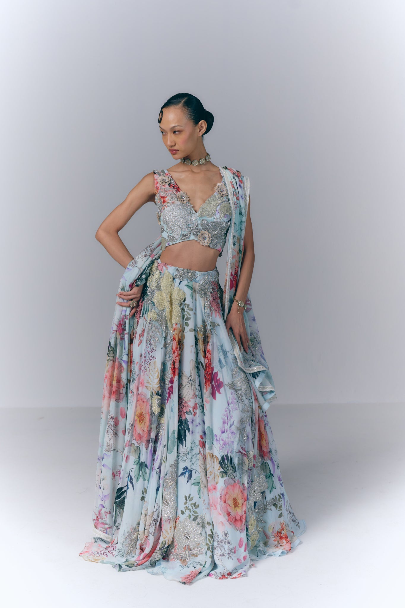 Ivory Aqua Bloom Lehenga Set