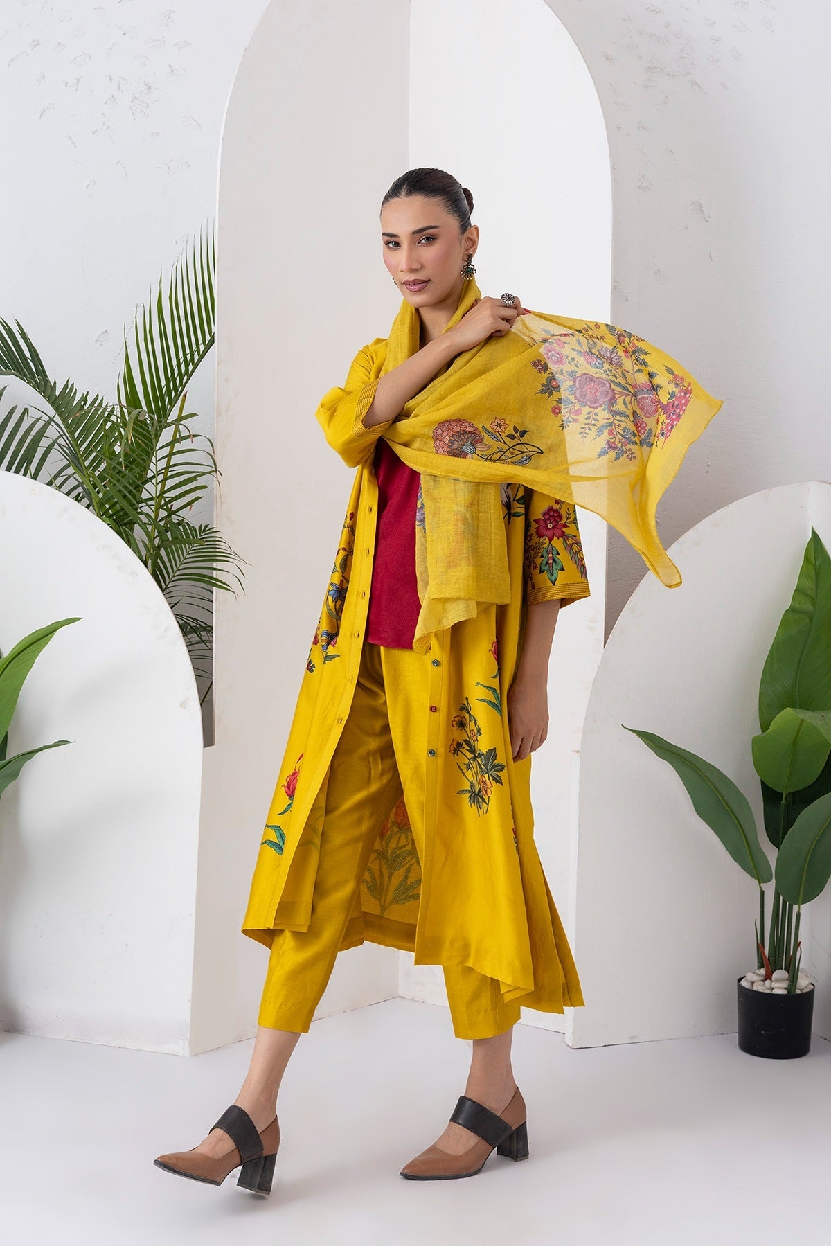 Yellow Silk Chanderi Floral Printed Front Open Dress Set (3 PCS)