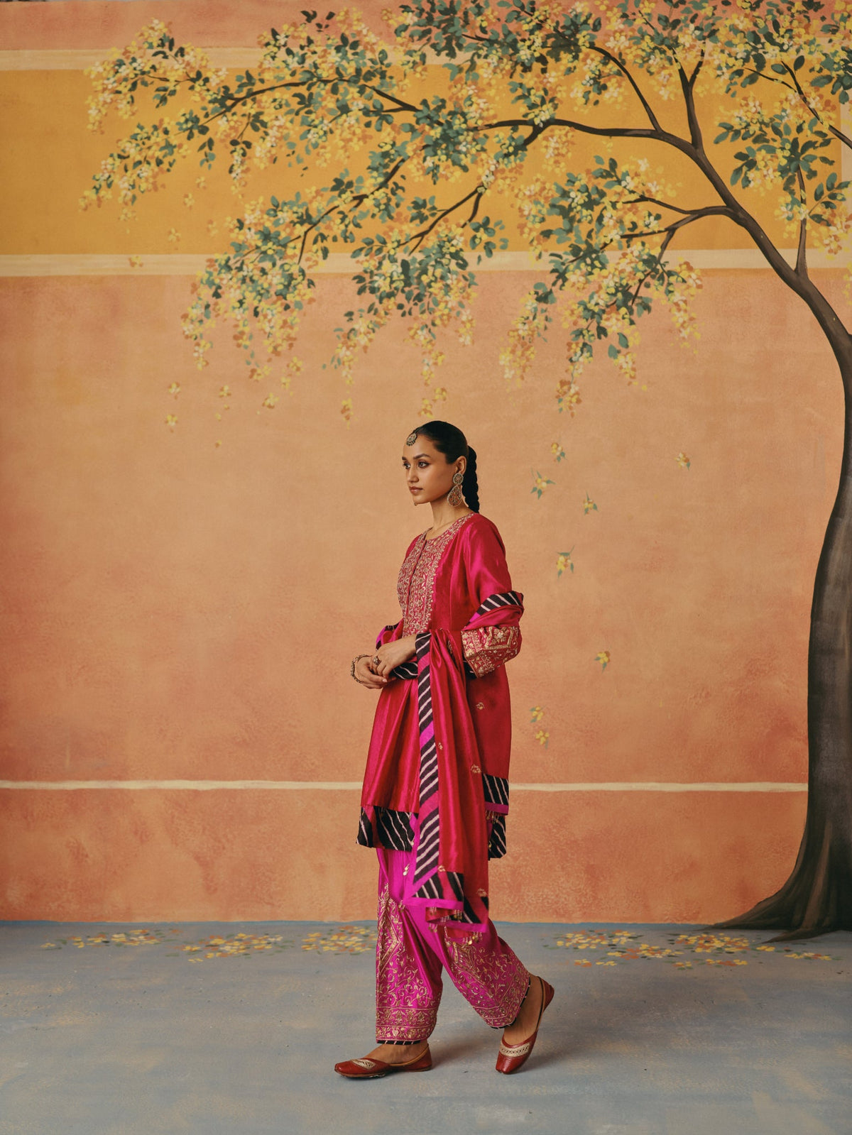 Red and Rani Leheriya Layered Anarkali