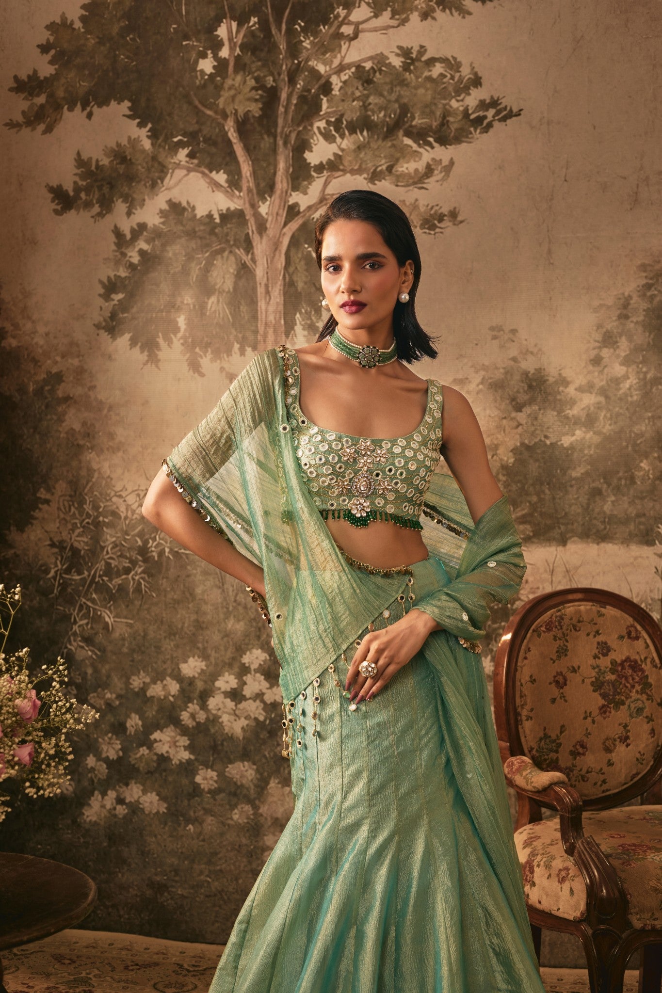 TISSUE,MIRROR AND JEWEL EMBROIDERED LEHENGA SET