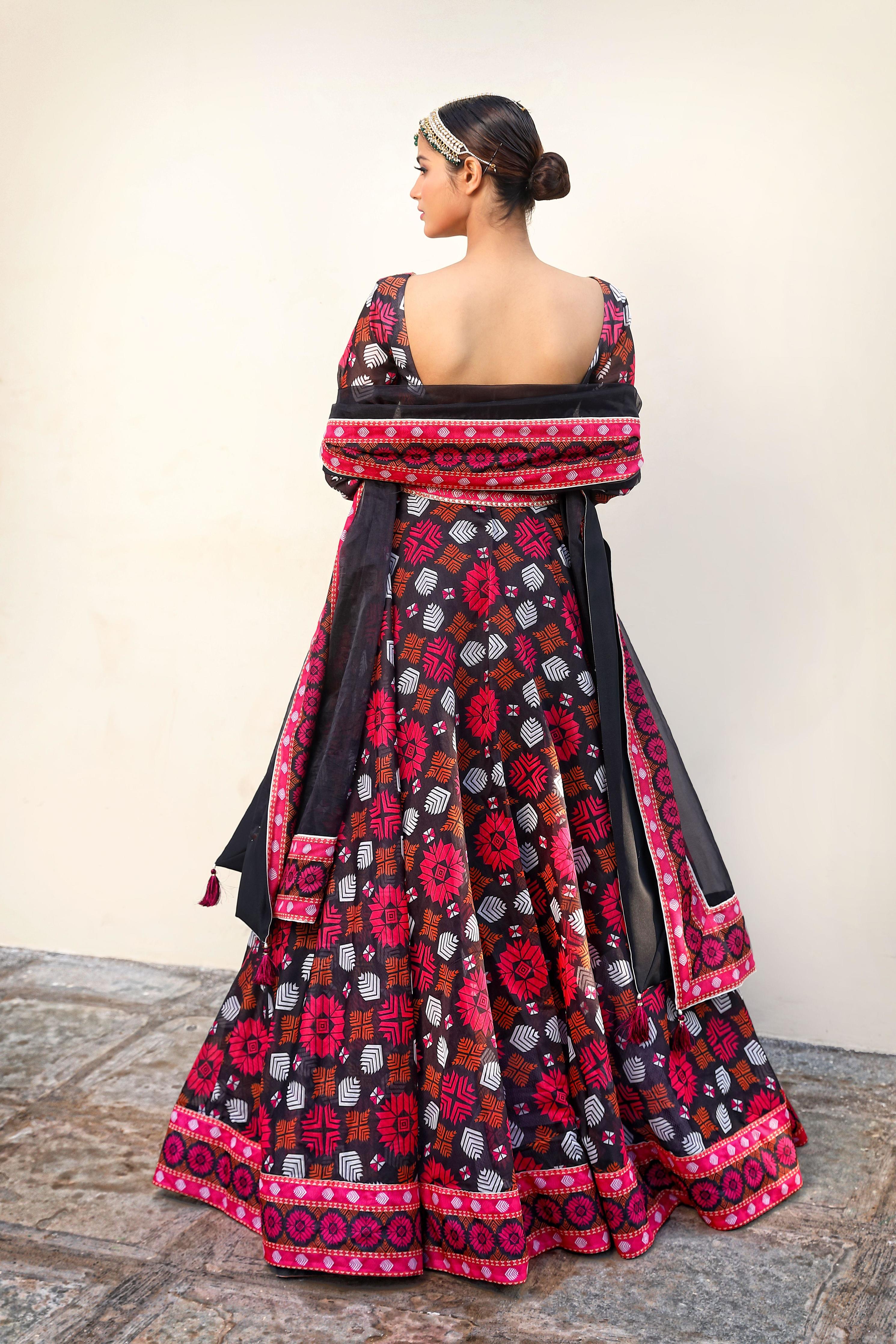 Black Chanderi Silk Geometric Print Lehenga Set