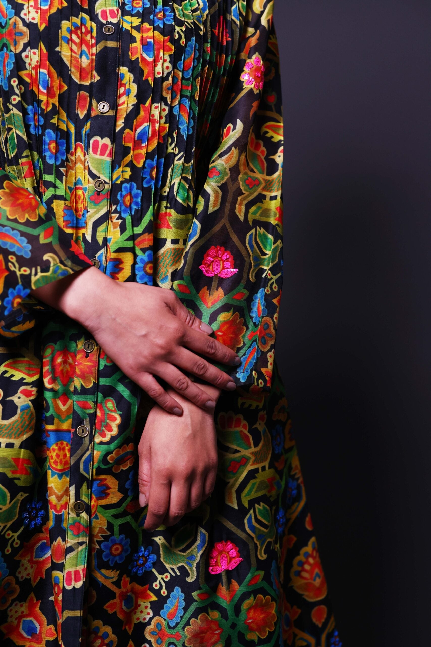 Printed Pin-Tuck Kurti with Hand Embroidery