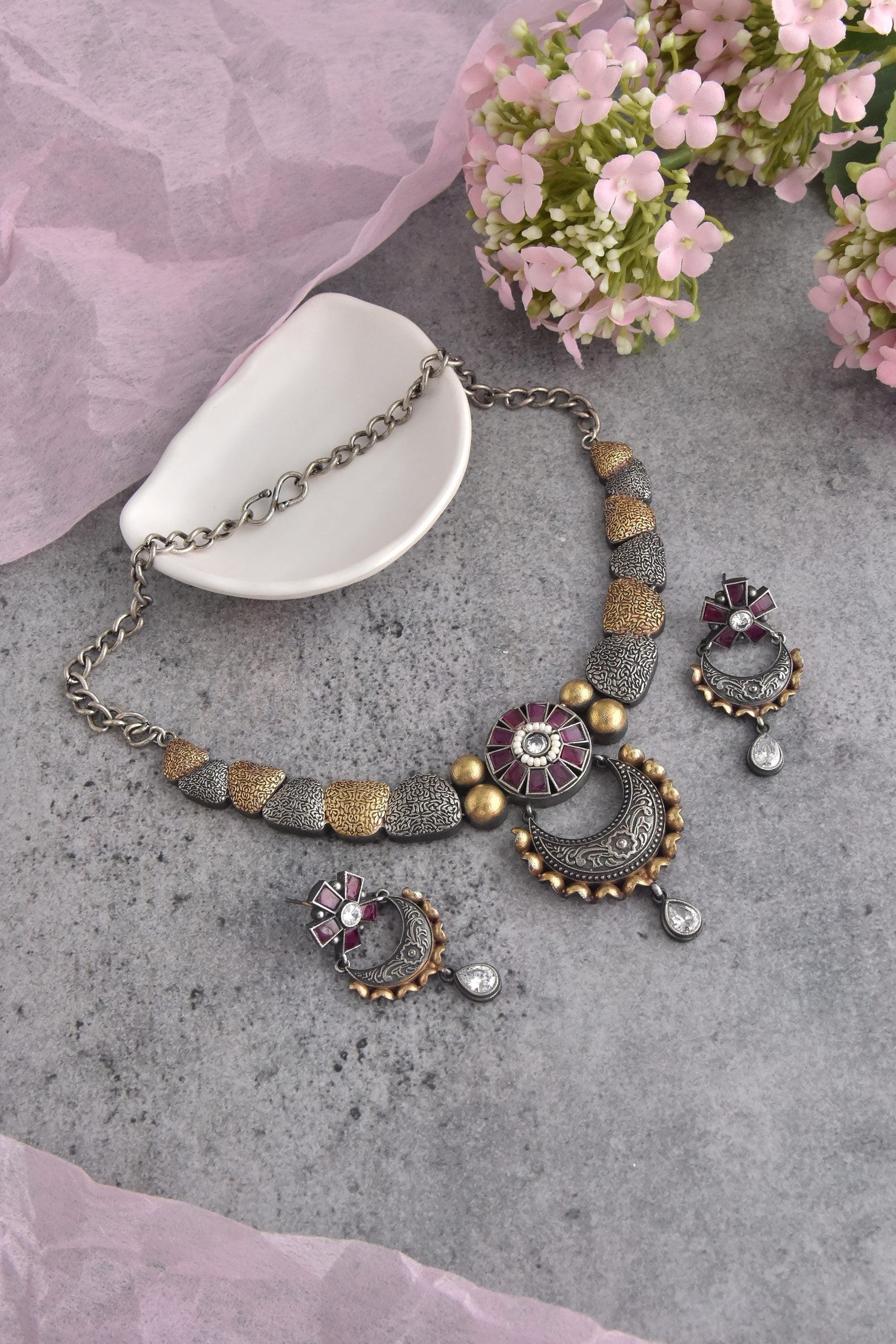 Purple Rhodium Tone Necklace Set