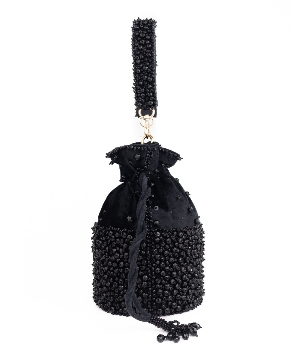 Zaria Black Suede Crystal Embellished Bucket Bag