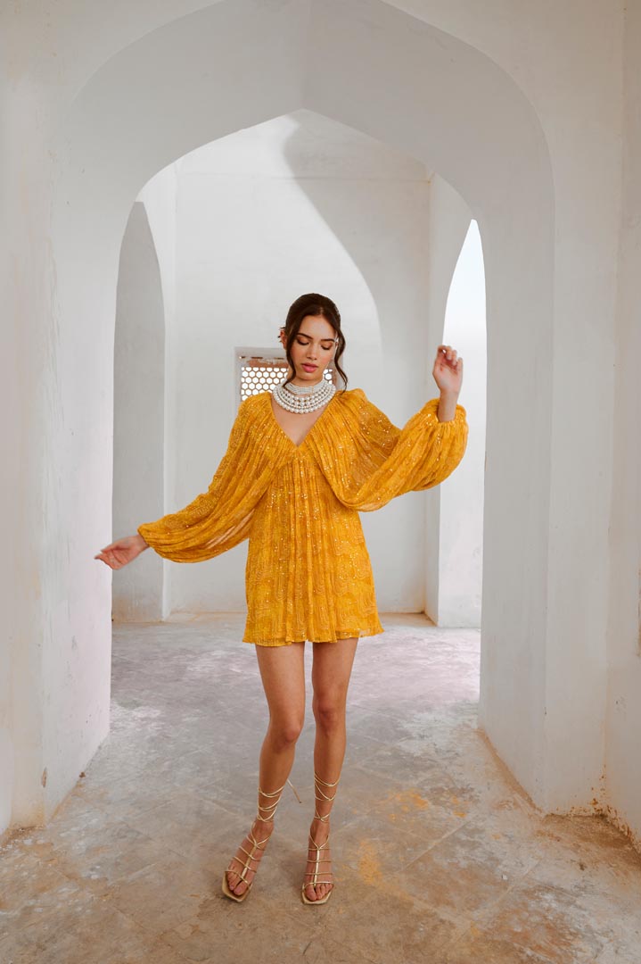 Image of Gulbahar Marigold Yellow jugnu mini dress